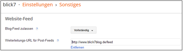 Screenshot von Blogger zur Feed-Weiterleitung