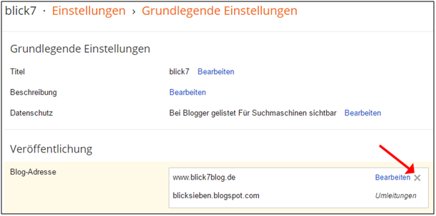 Screenshot von Blogger zum Löschen der benutzerdefinierten Domain