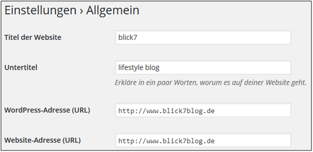 Screenshot von WordPress für die allgemeinen Einstellungen