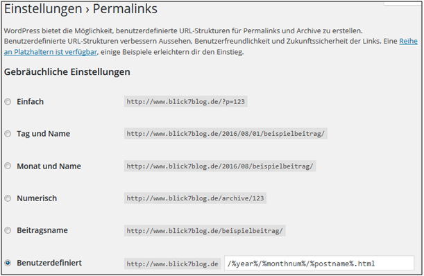 Screenshot von WordPress zur Einstellung der Permalinks