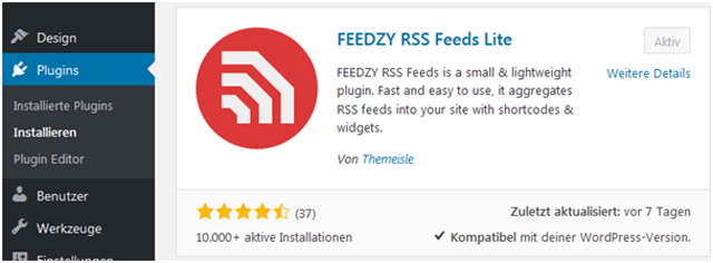 feedzy rss feed slite plugin in wordpress dashboard