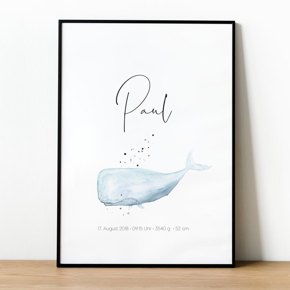 Babyposter / Geburtsanzeige | Wal watercolour